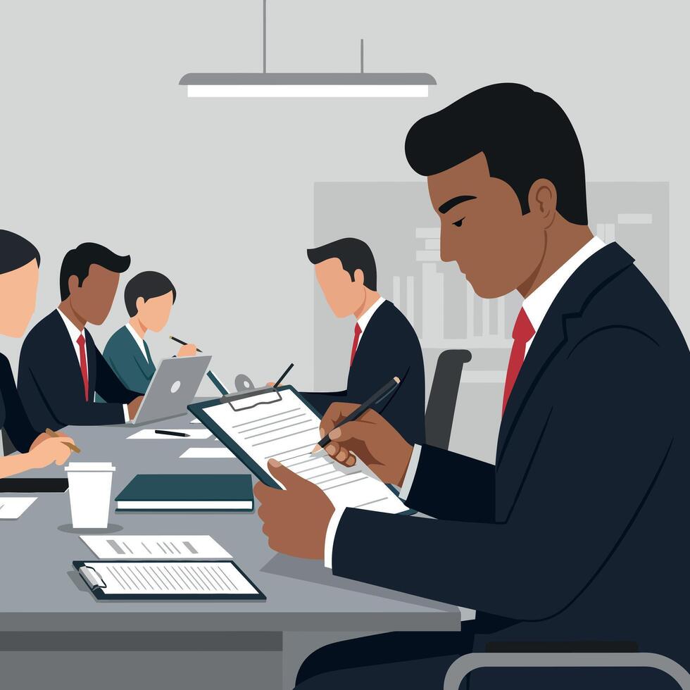 Professional business meeting with focused individuals in suits, flat art vector