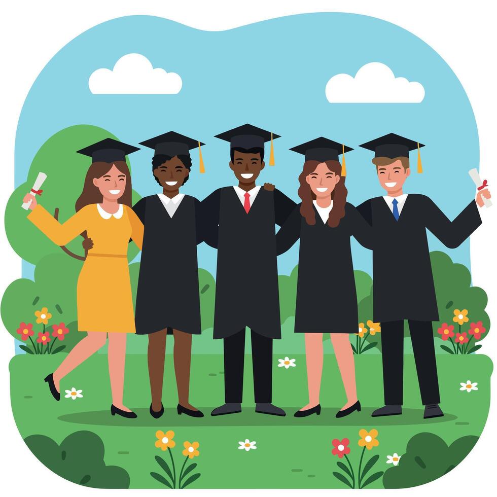 Group of diverse graduates celebrating in graduation gowns with diplomas in a flat illustration vector