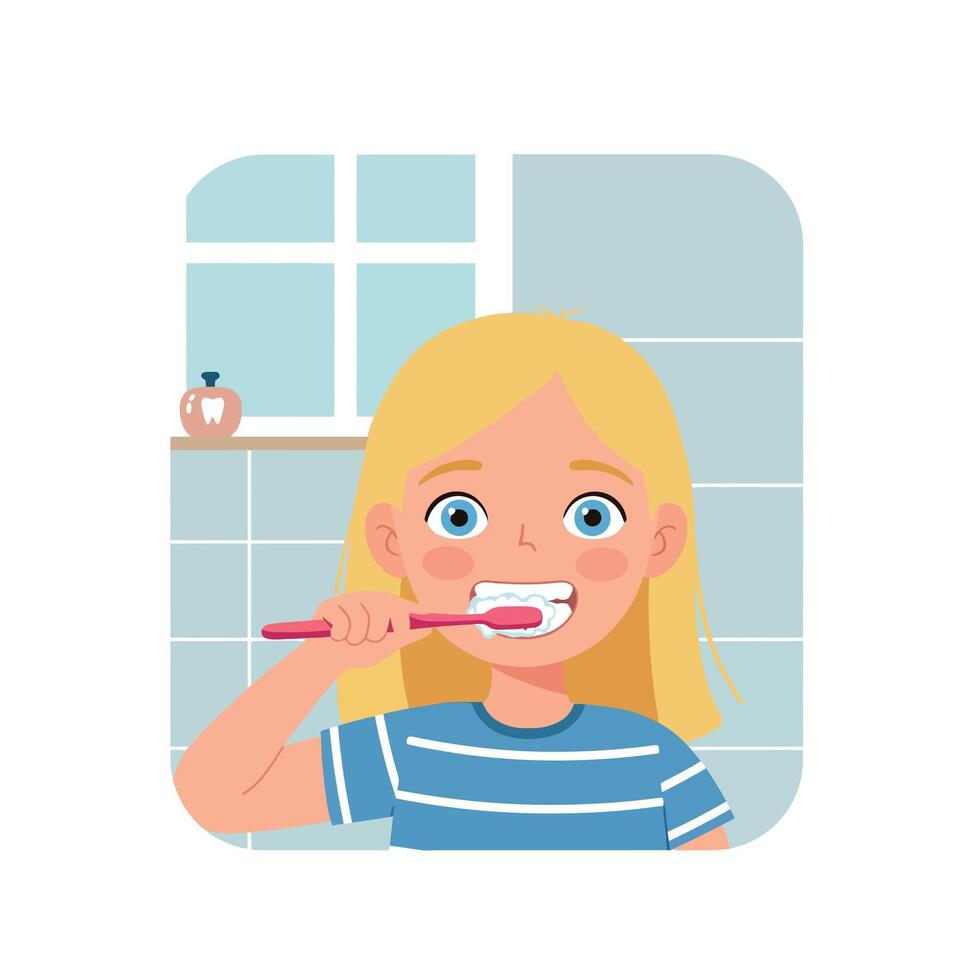 Young girl brushing her teeth in a bright bathroom, flat illustration vector