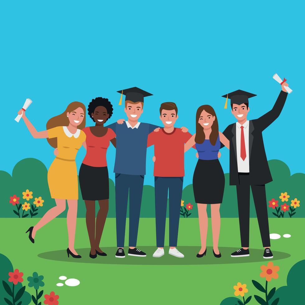Group of diverse graduates celebrating with diplomas in a vibrant flat illustration vector