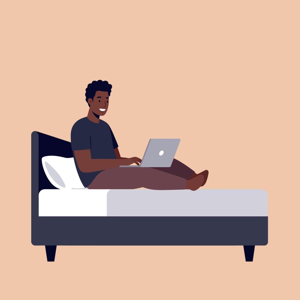 Young man sitting comfortably on a bed using a laptop in a minimal illustration vector