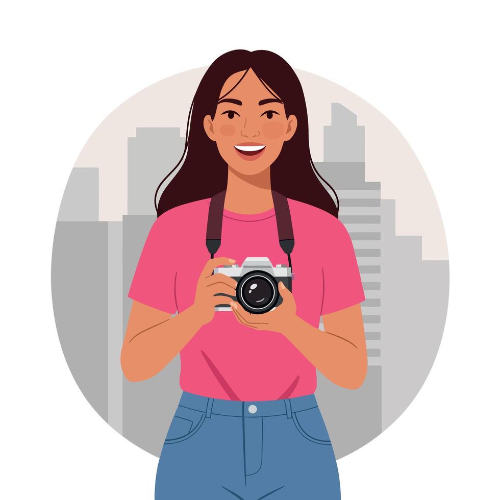 Smiling woman holding a camera in a pink shirt, flat illustration of urban photography enthusiast vector