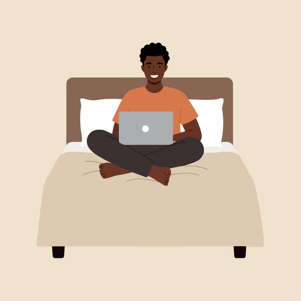 Young man sitting cross-legged on bed using laptop in minimal flat design art vector