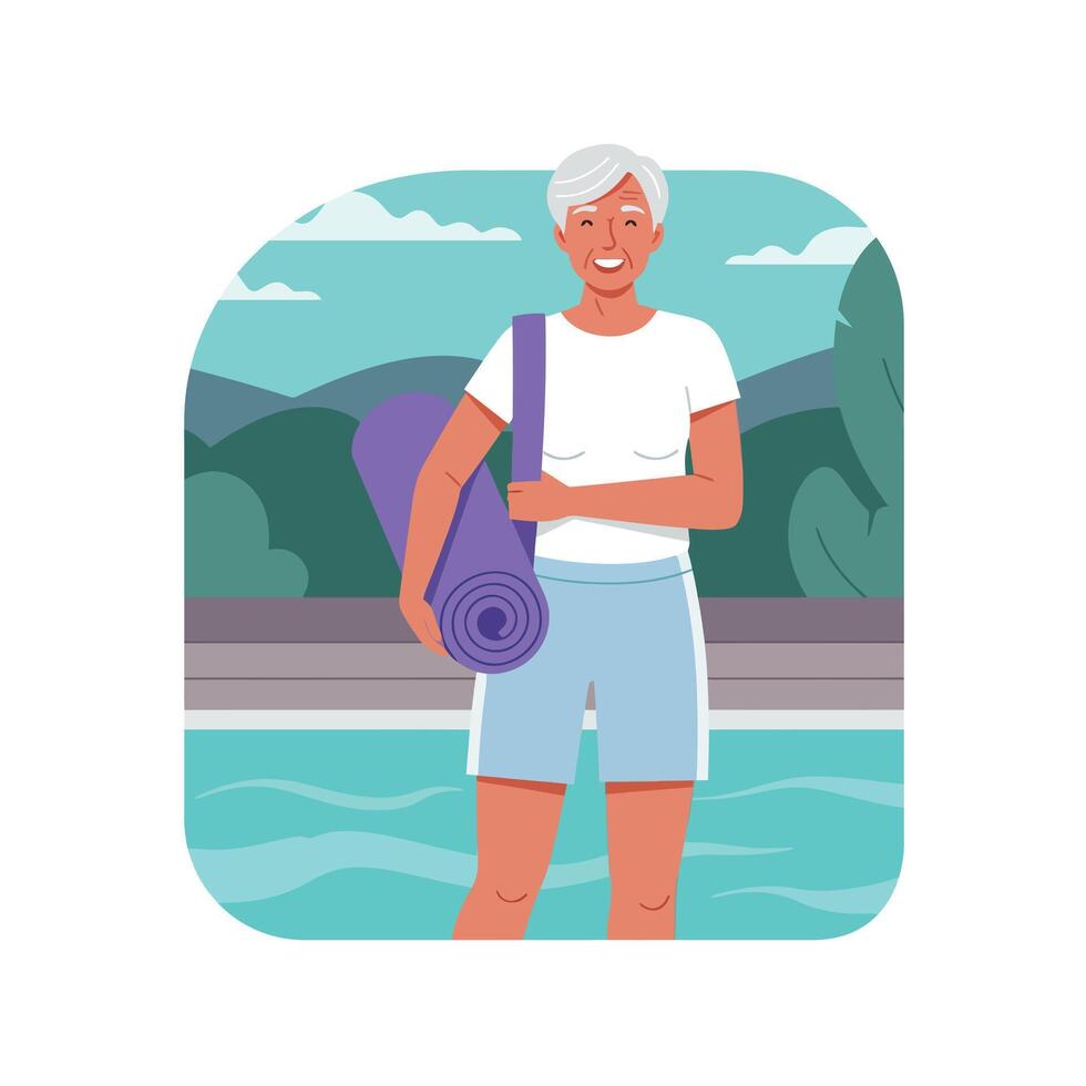 Elderly woman smiling with yoga mat in hand near serene swimming pool, flat illustration vector