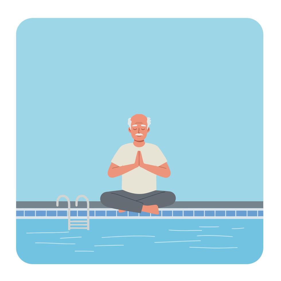 Elderly man meditating peacefully beside a swimming pool in a minimal illustration vector