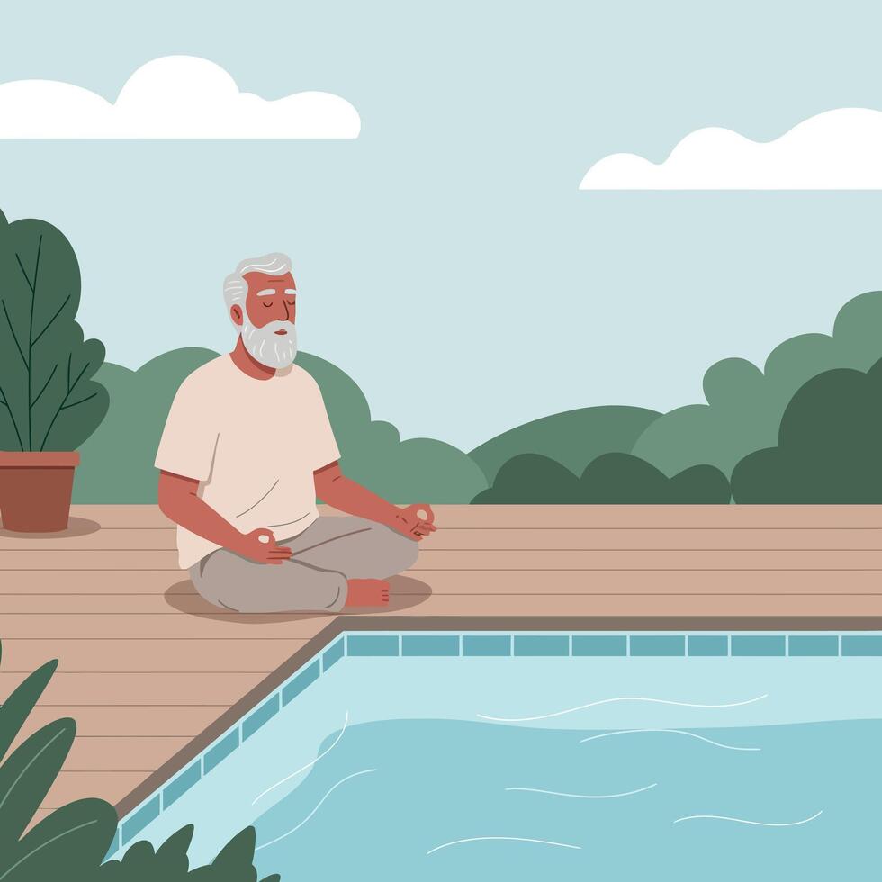 Elderly man meditating by a serene poolside in a minimal flat illustration vector