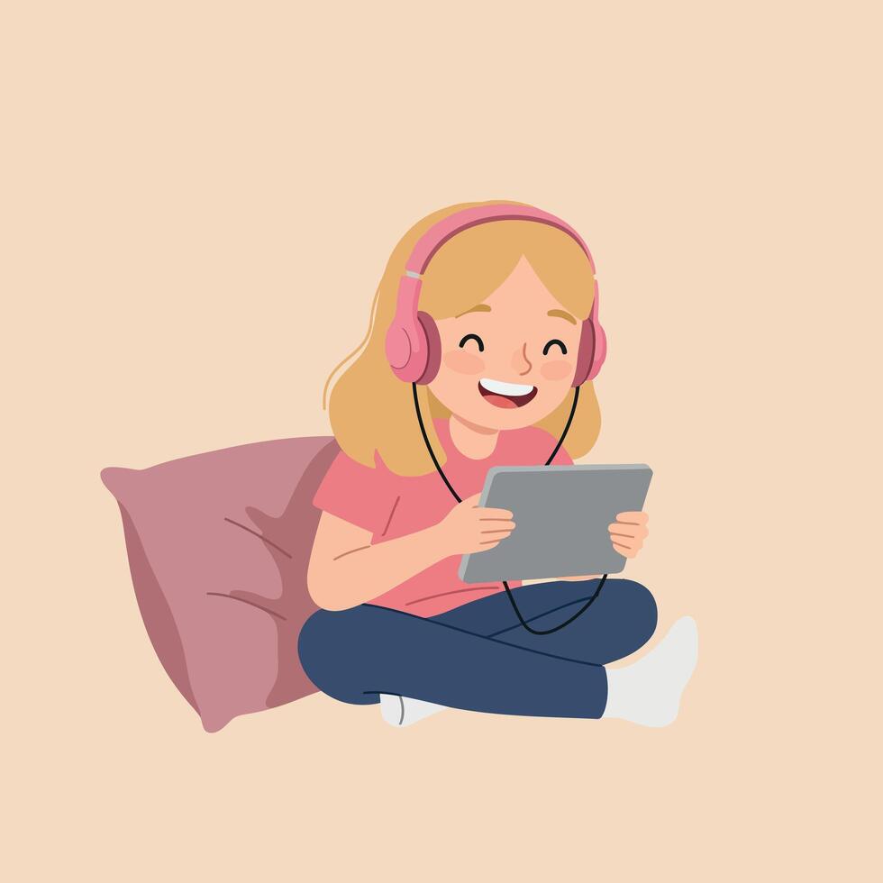 Happy girl sitting on a pillow using a tablet while wearing pink headphones, flat illustration vector