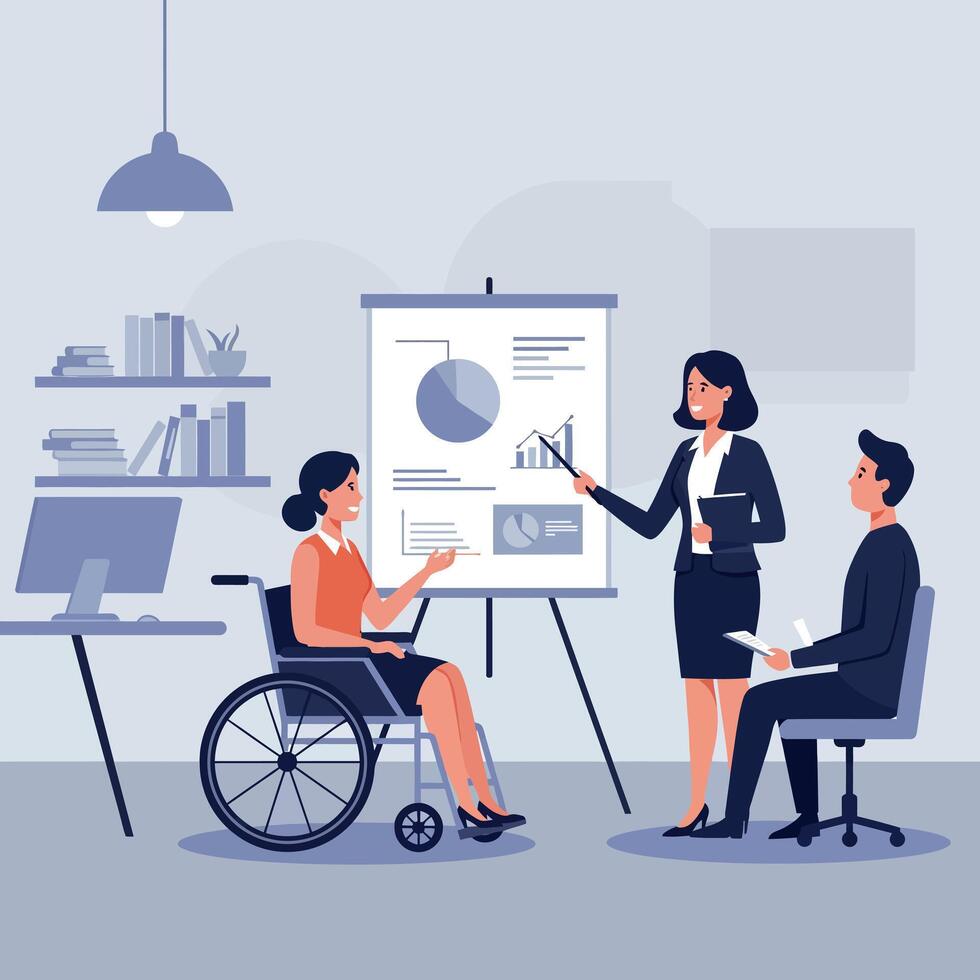 Business meeting scene featuring a woman presenting data in a flat illustration vector