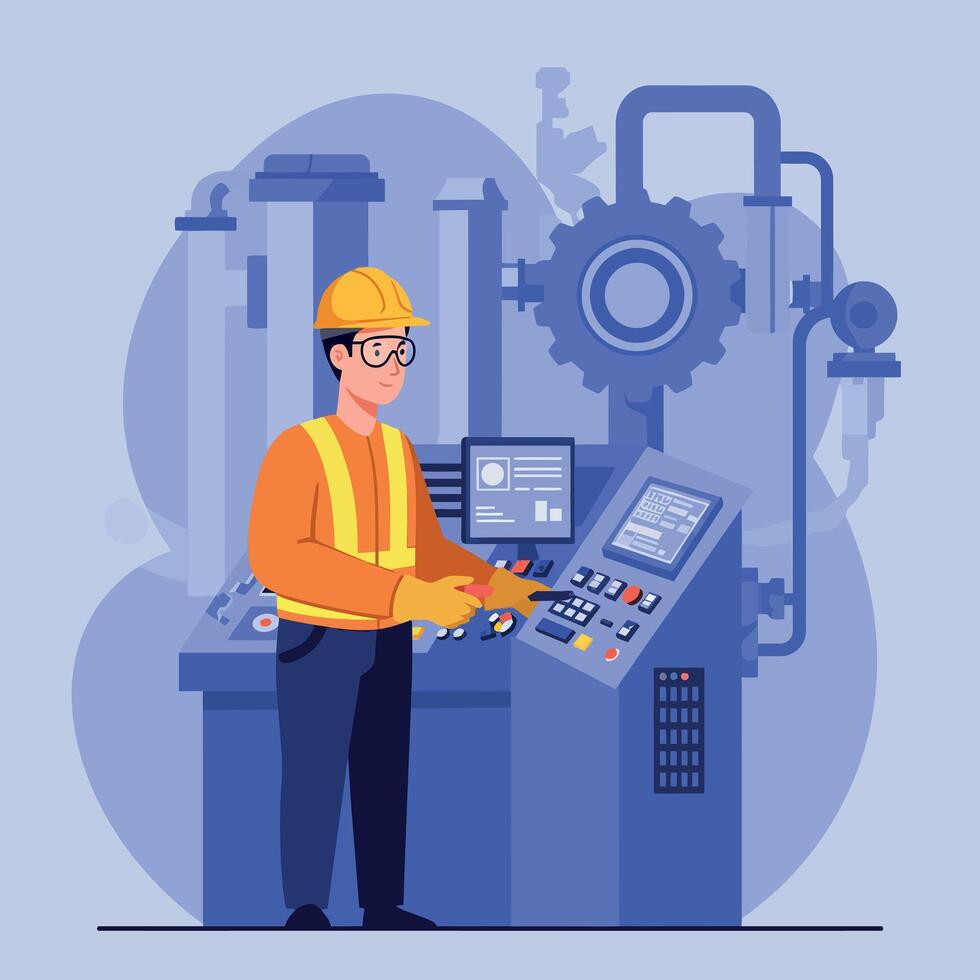 Factory worker operating machinery in a detailed flat illustration vector