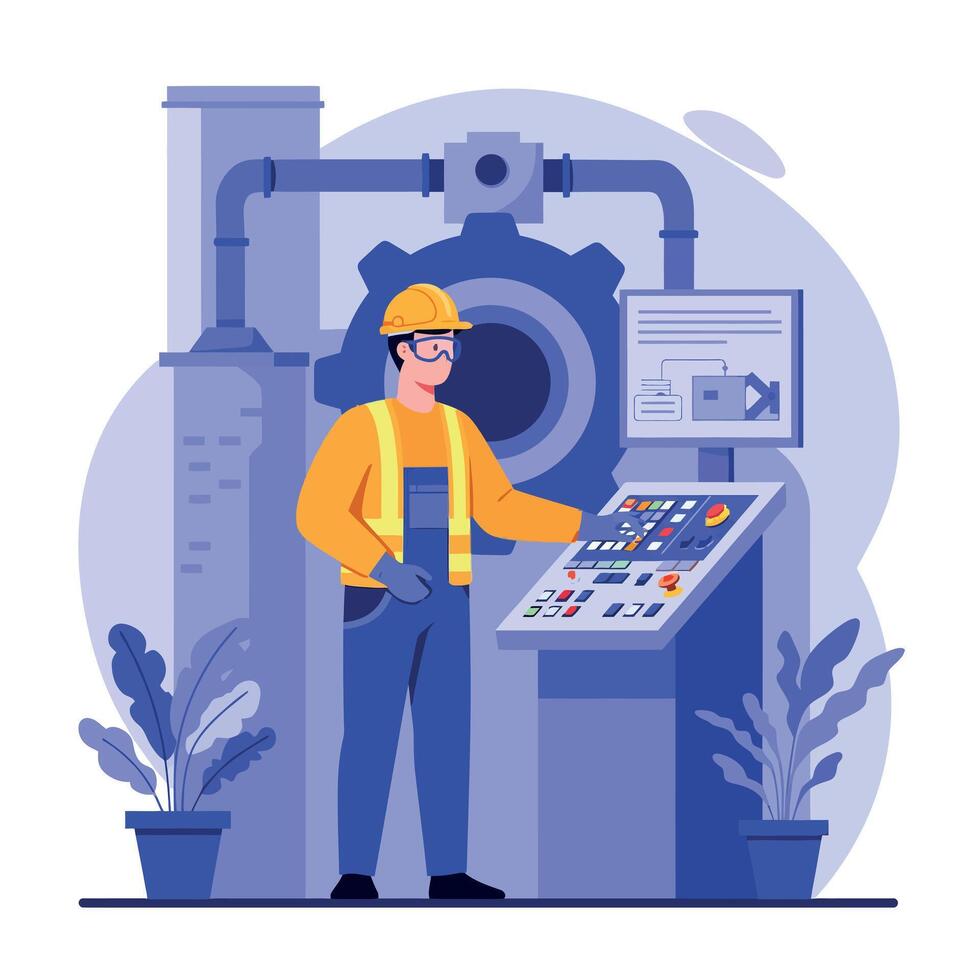 A factory worker operating machinery in a modern industrial setting, flat illustration vector
