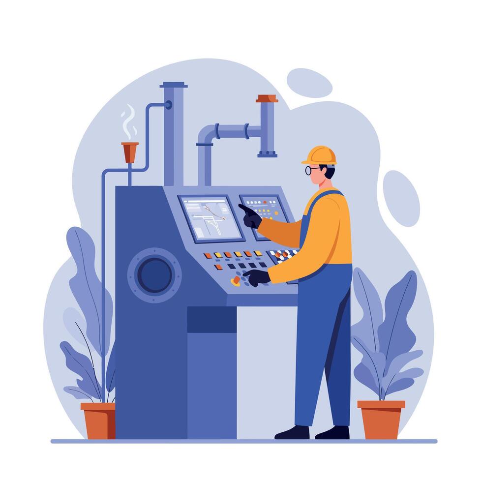 Worker operating industrial control panel in flat art with plants in background vector