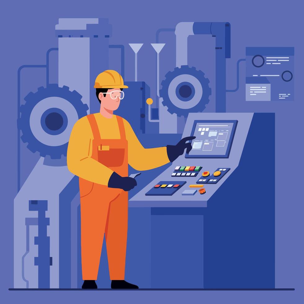 A factory worker in orange overalls operating a control panel in a flat illustration vector