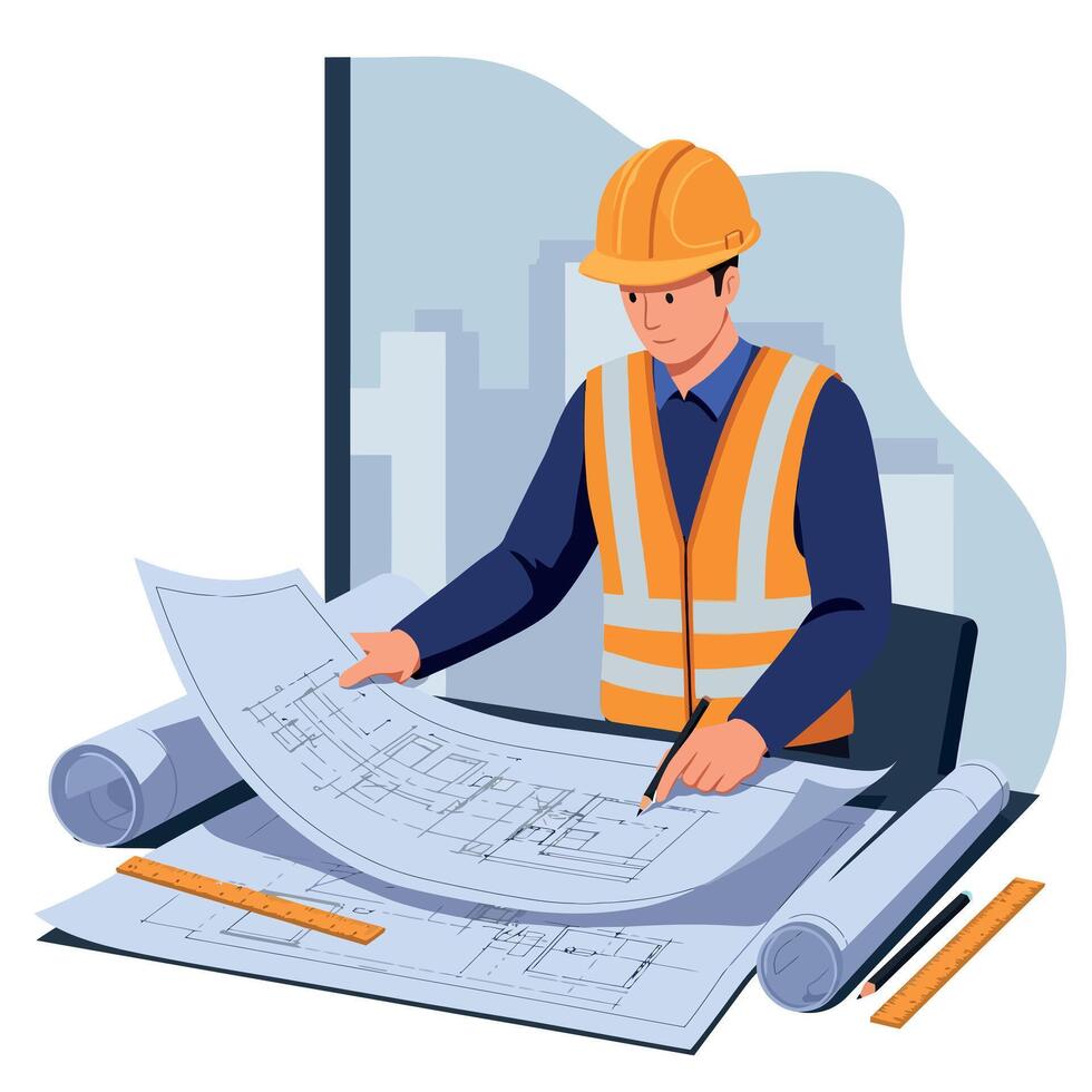 Construction worker in a hard hat studying blueprints with a focused expression in flat illustration vector
