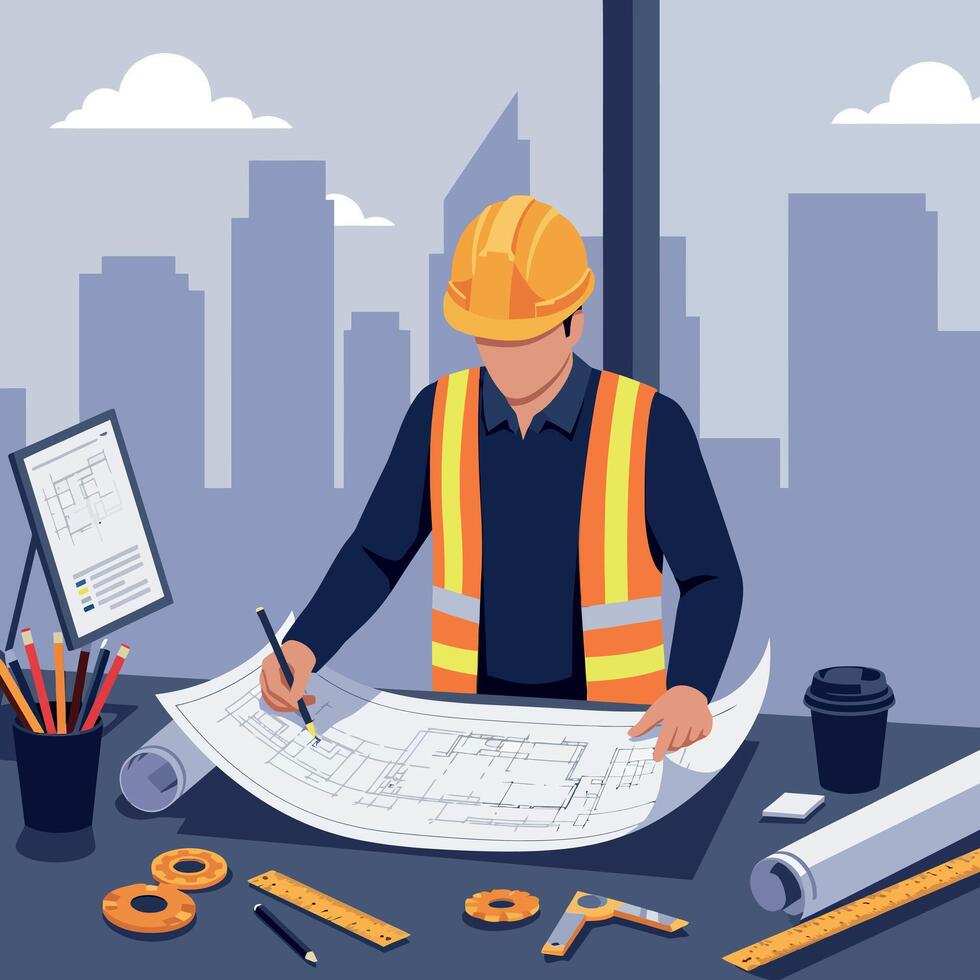 Construction worker in safety gear analyzing blueprints in a modern office setting flat illustration vector