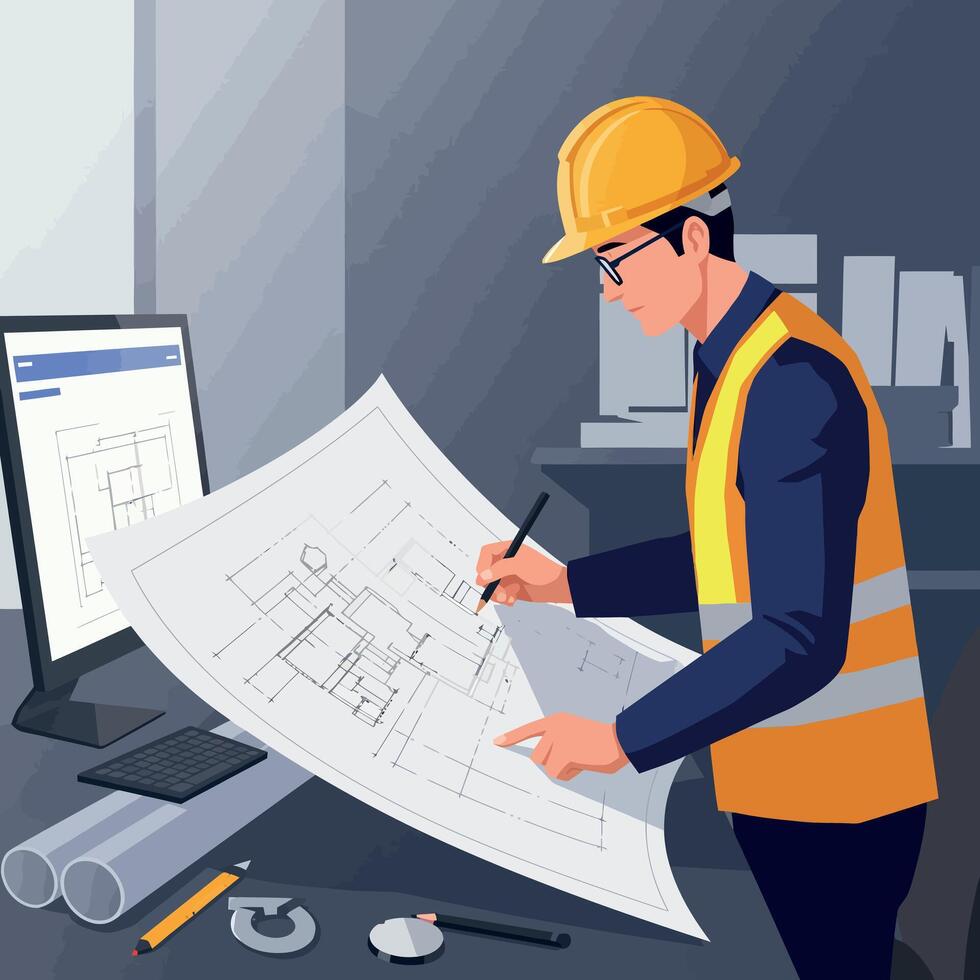 Construction worker analyzing blueprints in a modern office with flat art style vector