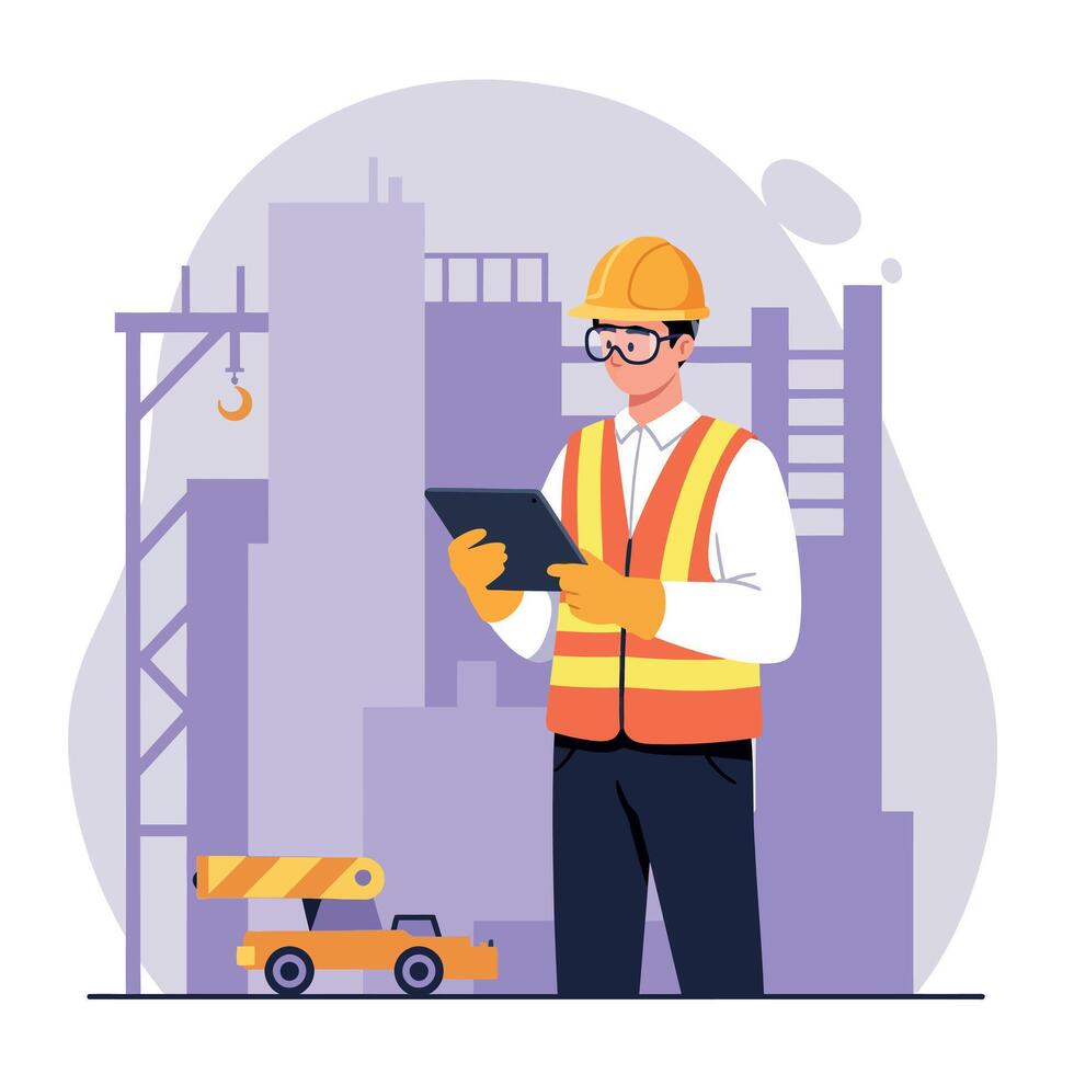 Construction worker in safety gear using tablet at urban site, flat illustration vector