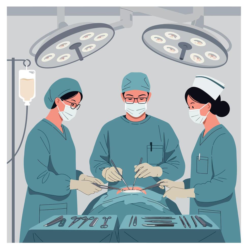 Surgical team performing operation in a sterile environment, flat art vector
