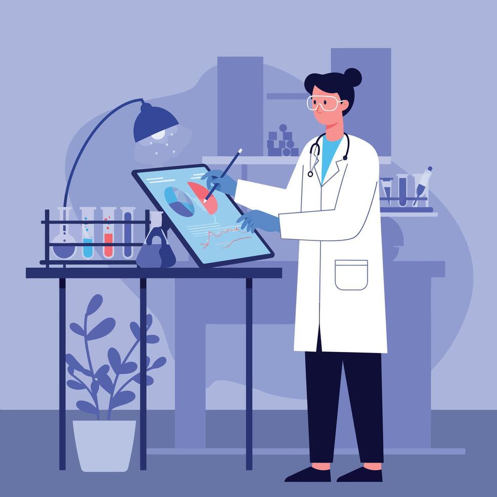 Scientist in a lab coat examining research data on a digital tablet in a flat illustration vector