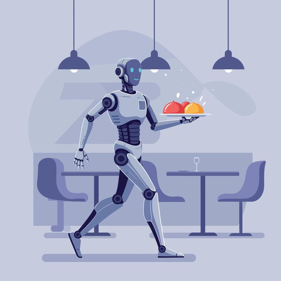 Robot waiter serving food in a modern restaurant with minimal design art vector
