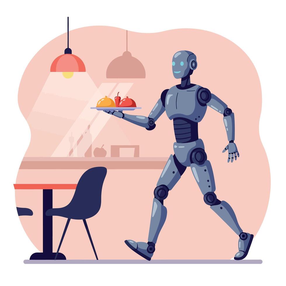 Robot waiter serving food in a modern dining room, flat illustration vector