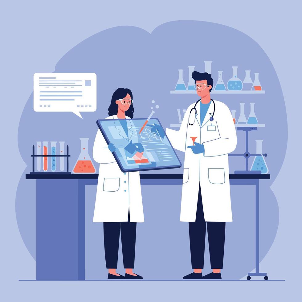 Two scientists collaborating in a laboratory with digital tablet displaying data, flat illustration vector