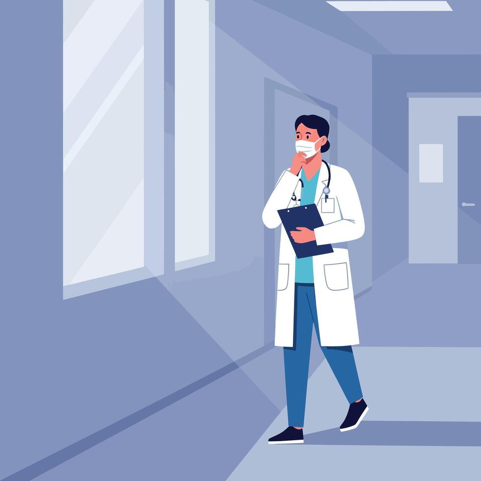 Doctor in a white lab coat walking thoughtfully in a hospital corridor, minimal illustration vector