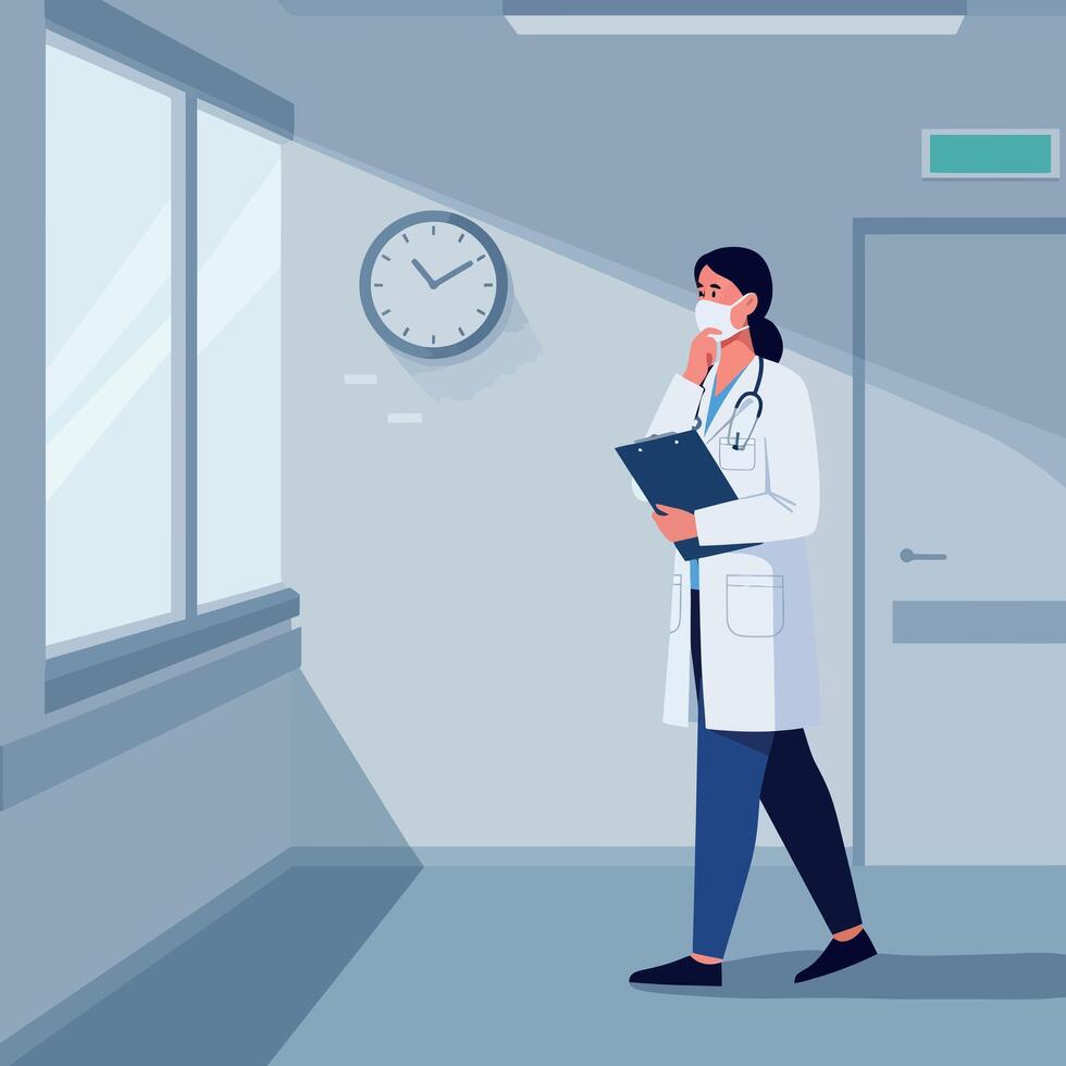 Doctor in a white coat pondering with a clipboard in a modern flat illustration vector