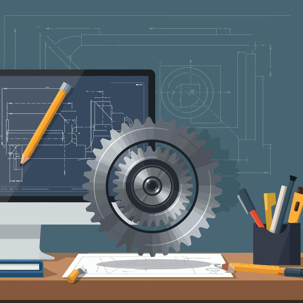 Engineering workspace with computer, gear, and drafting tools in flat art vector
