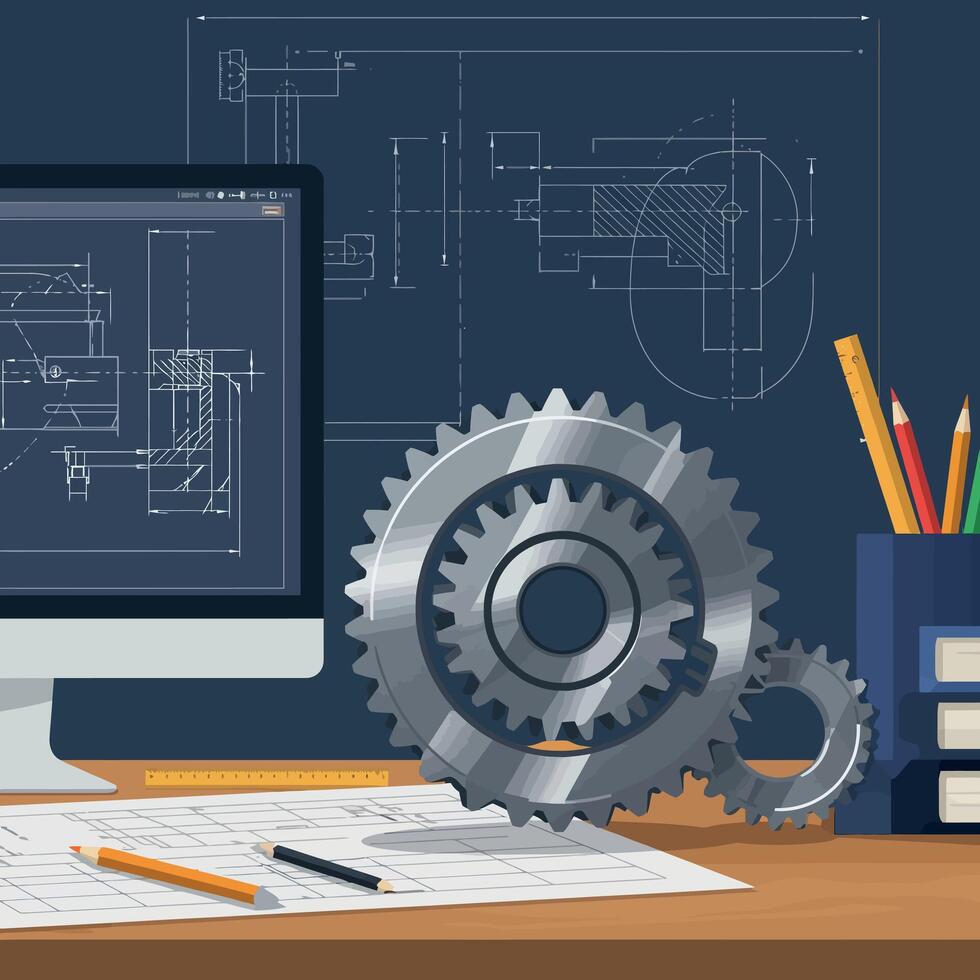 Industrial workspace featuring detailed gears and technical drawings in a flat illustration vector