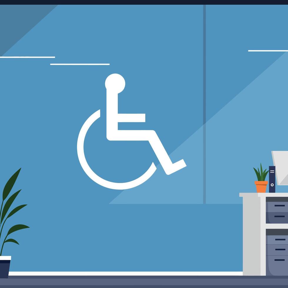 Accessible workspace featuring a wheelchair symbol in minimal flat design art vector