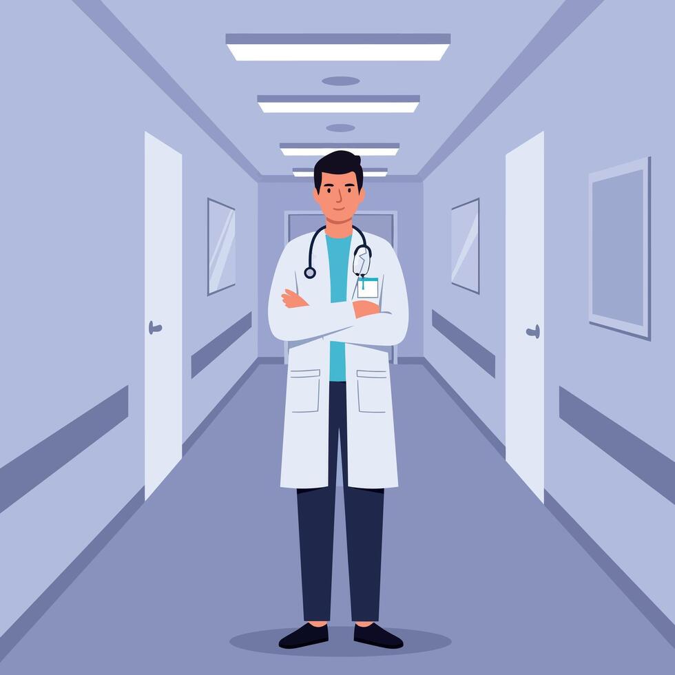 Confident male doctor in a hospital corridor, flat illustration depicting healthcare professionalism and calm atmosphere in medical setting art vector