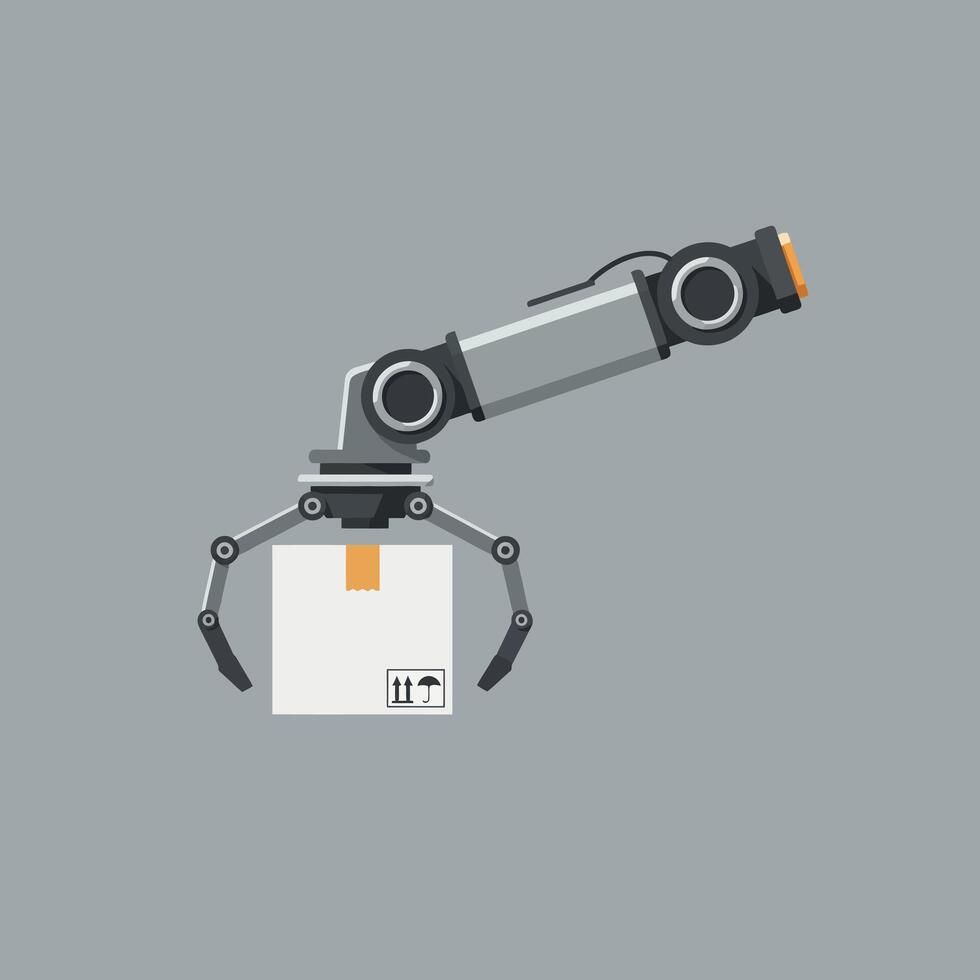 Robotic arm gripping a package in a minimal, flat design style illustration vector