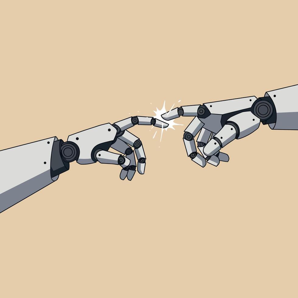 Two robotic hands reaching out to each other in a minimal design style illustration vector