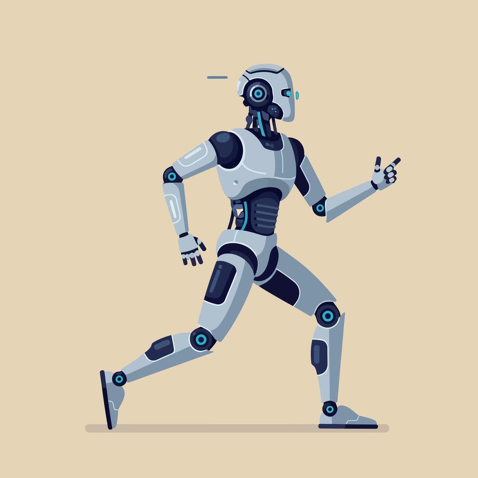 Robotic humanoid figure in a dynamic pose showcasing sleek design in flat art vector