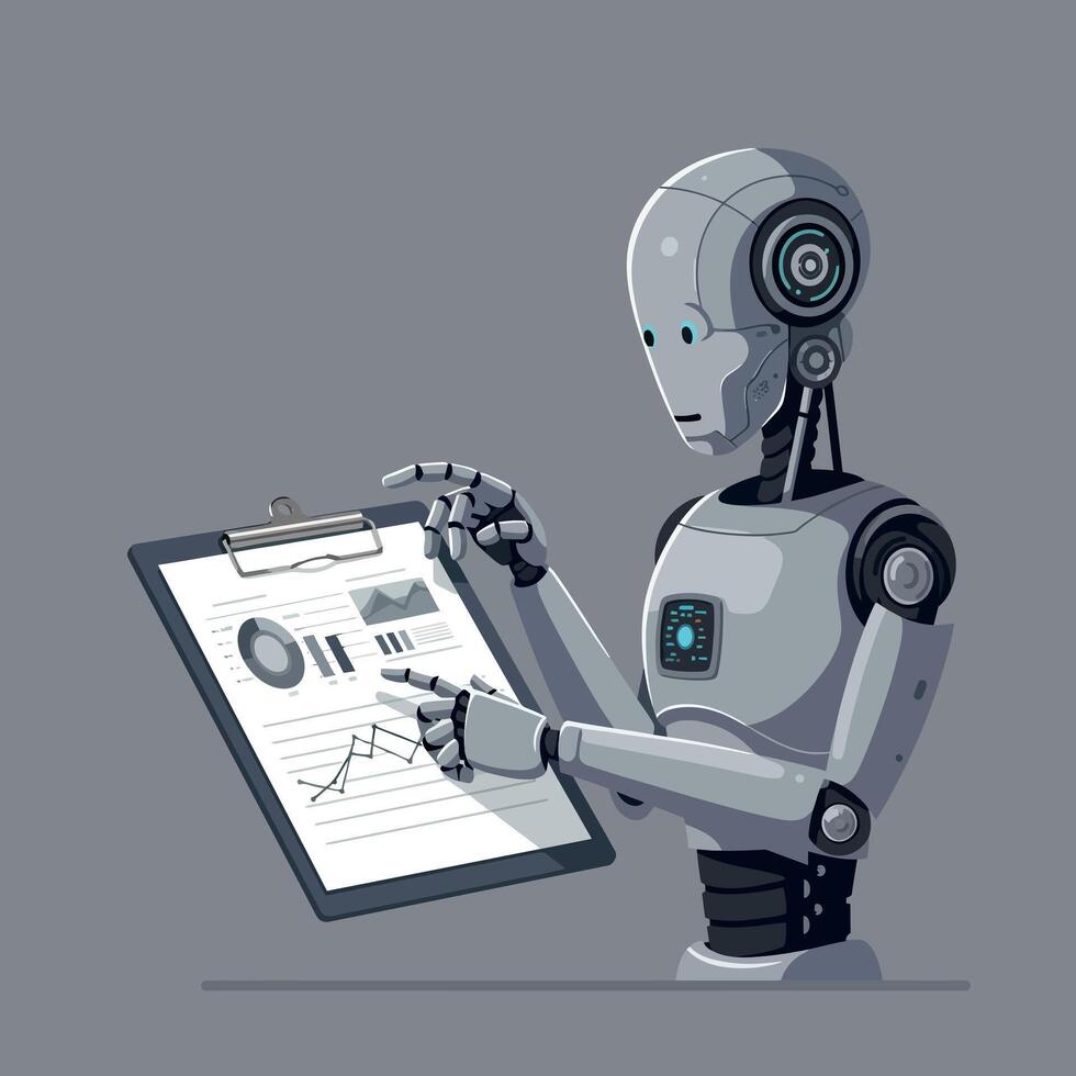 Robot analyzing data on a clipboard in a minimal and modern style art vector