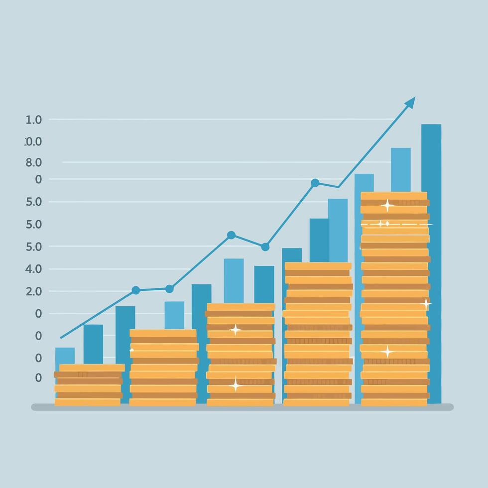 Stacked gold coins with blue bar chart showcasing financial growth in flat art vector
