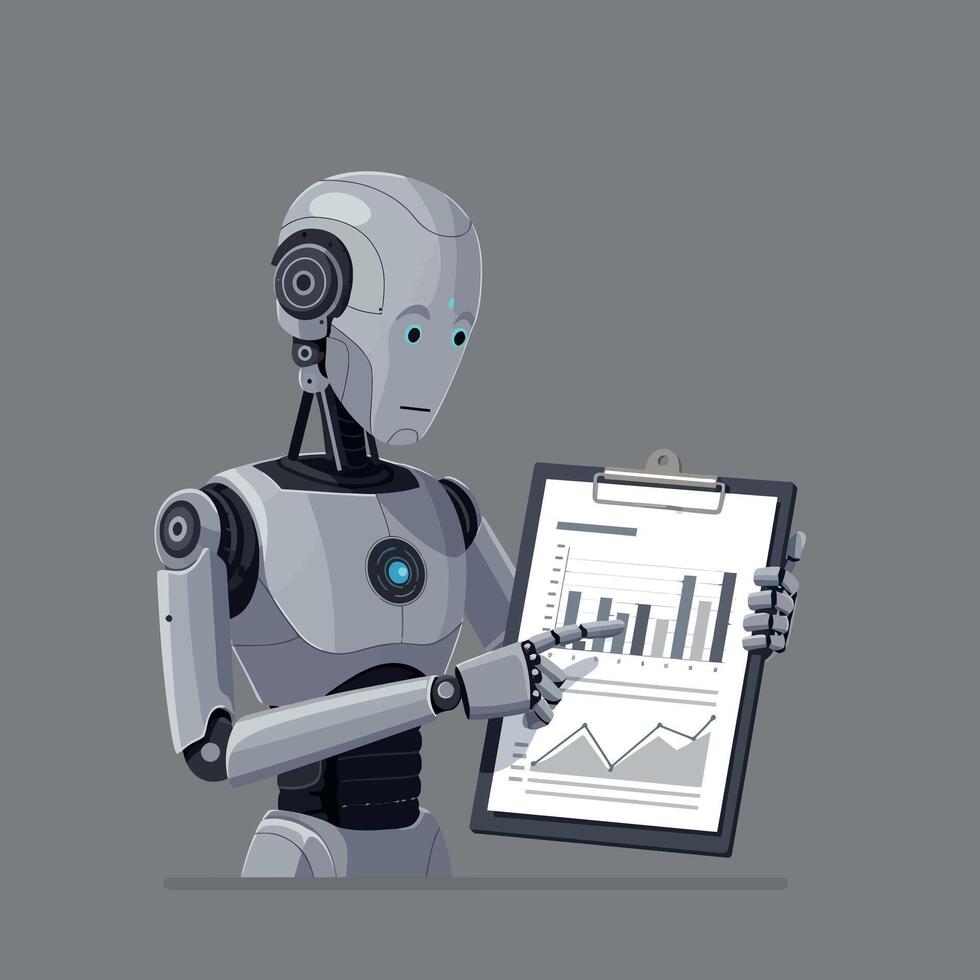 Robot presenting data analysis with charts in a minimal flat design illustration vector