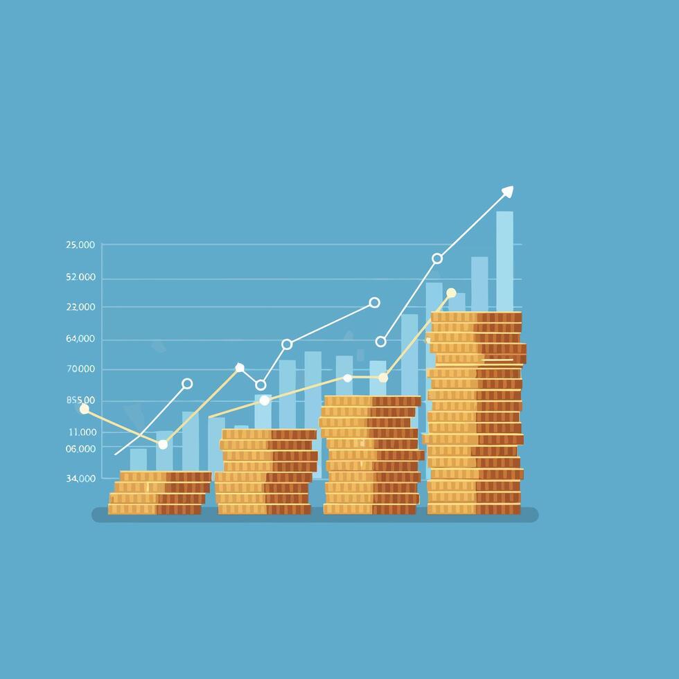 Stacked golden coins symbolizing financial growth with upward graph lines in flat art vector