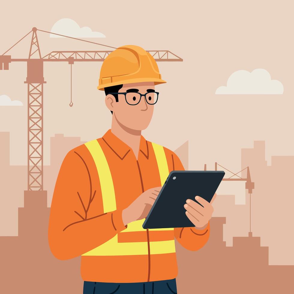 Construction worker in orange safety gear using tablet in flat art vector