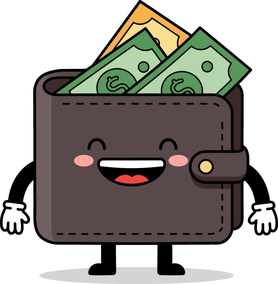 Happy cartoon wallet with money and cheerful expression in flat art vector