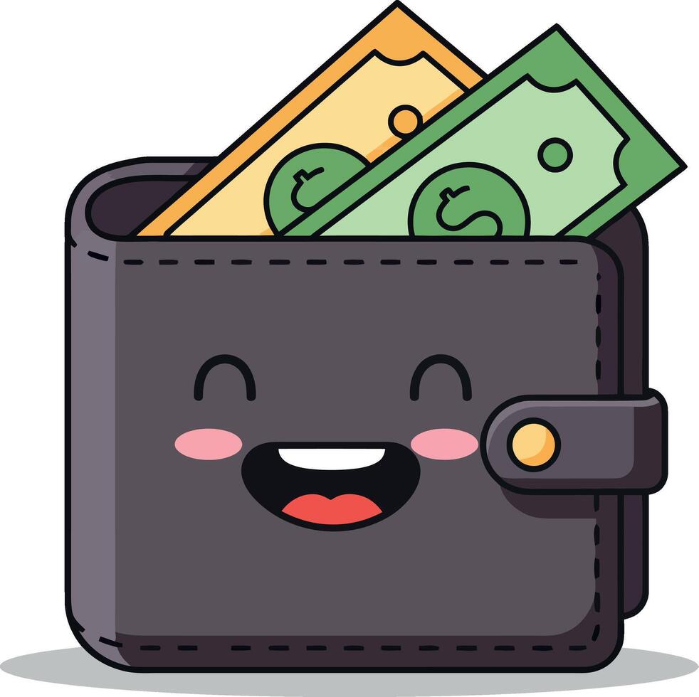 Happy cartoon wallet with cash, smiling face, flat design art vector