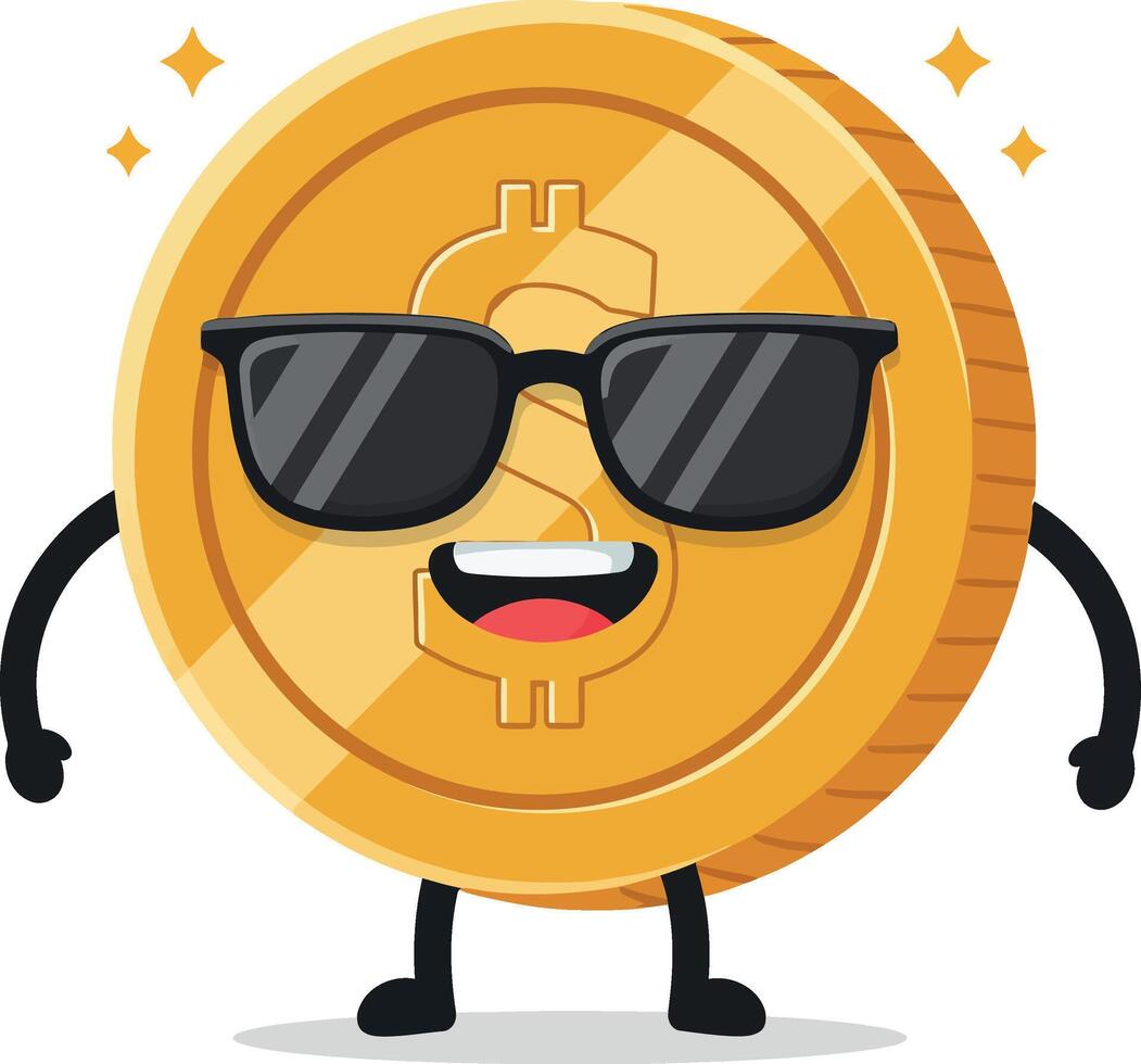 A cheerful cartoon coin character wearing sunglasses in a flat design art vector