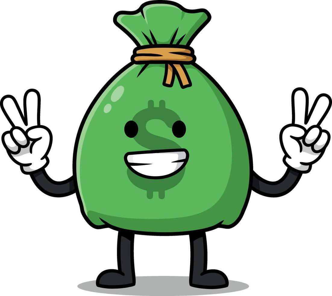 Happy green money bag character with peace signs in a flat illustration vector