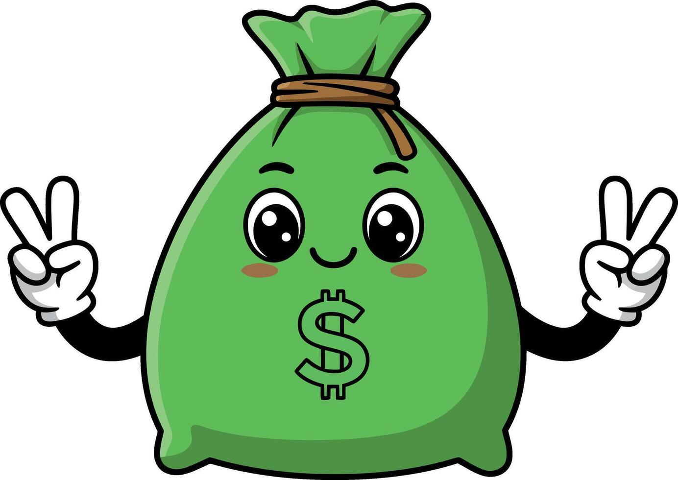 Happy cartoon money bag character with peace signs in a flat illustration vector
