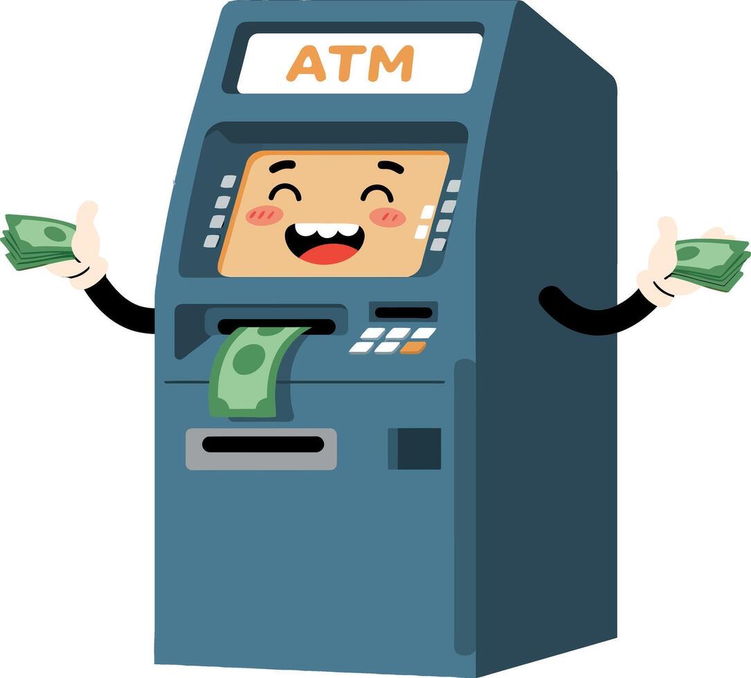 Happy ATM machine dispensing cash in a playful flat illustration style vector