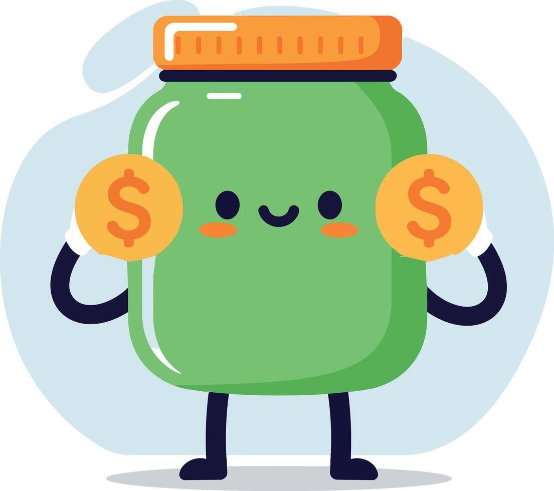 Happy green jar character holding coins in a cheerful flat illustration vector