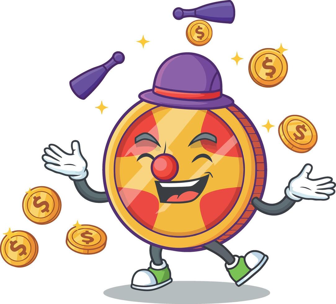 Playful clown character juggling coins and pins in a vibrant flat illustration vector