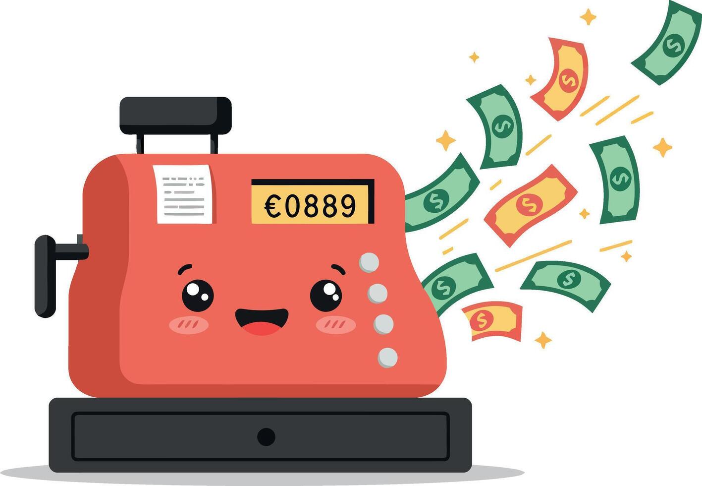 A cheerful cash register with a smiling face, detailed flat design, surrounded by flying money bills, illustration vector