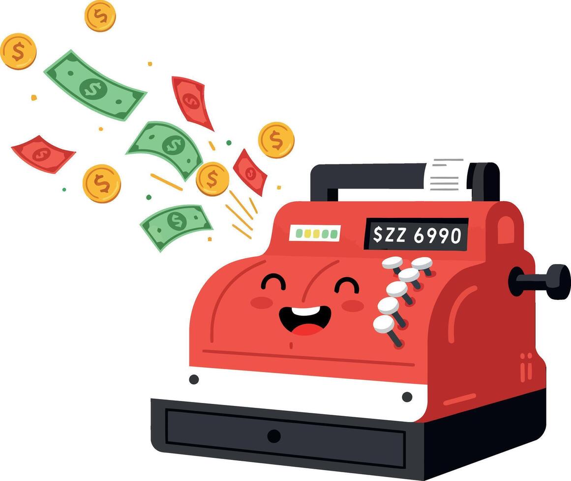 Happy cash register character with colorful money bills and coins in flat illustration vector