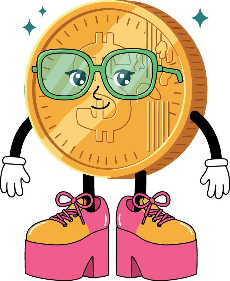 A cheerful coin character wearing oversized glasses and colorful shoes in a playful flat illustration vector